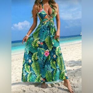 SHEIN Tropical Halter Maxi Dress – Size M NWOT
